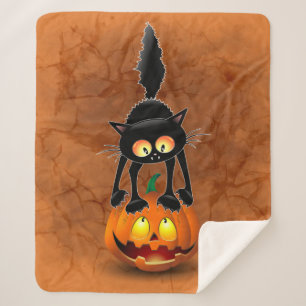 Cat Halloween Scared Cartoon on Pumpkin Sherpa Blanket