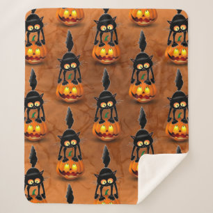 Cat Halloween Scared Cartoon on Pumpkin Sherpa Blanket