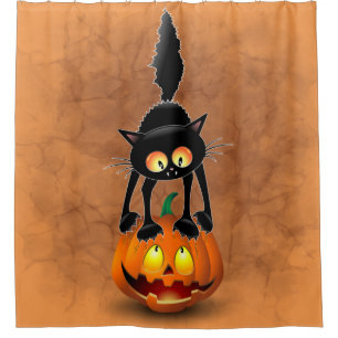 Cat Halloween Scared Cartoon on Pumpkin Shower Curtain