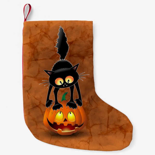 Cat Halloween Scared Cartoon on Pumpkin Small Christmas Stocking (Front)