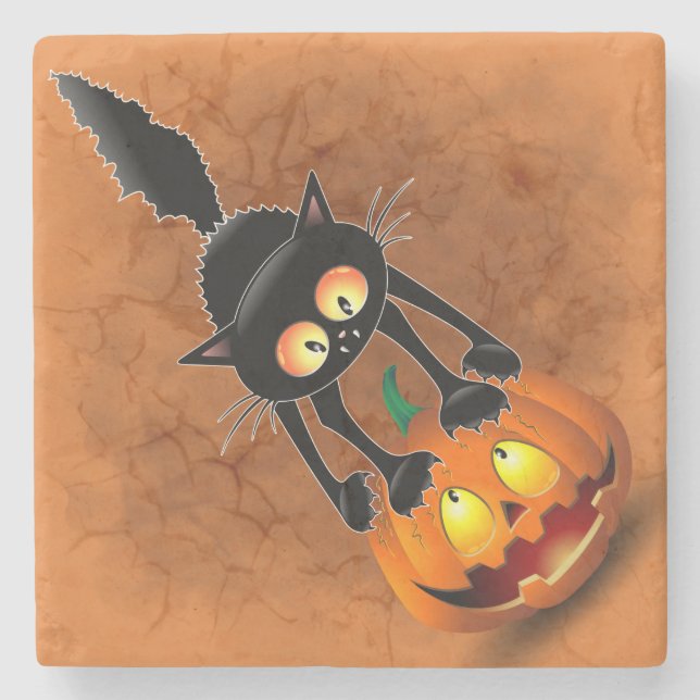 Cat Halloween Scared Cartoon on Pumpkin Stone Coaster (Front)