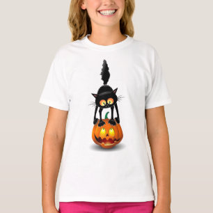 Cat Halloween Scared Cartoon on Pumpkin T-Shirt