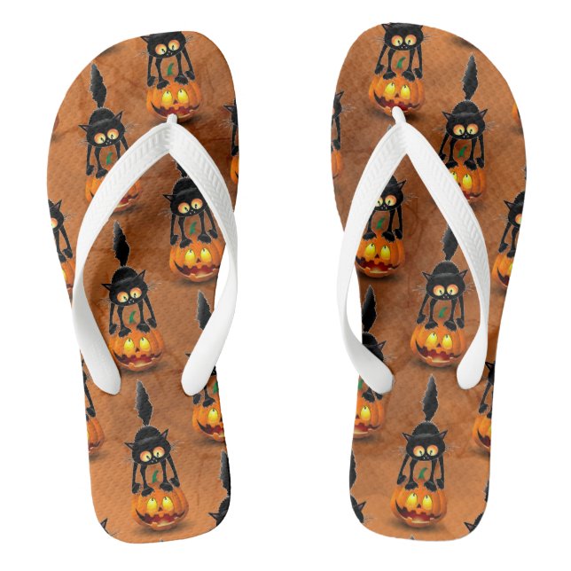 Cat Halloween Scared Cartoon on Pumpkin Thongs (Footbed)