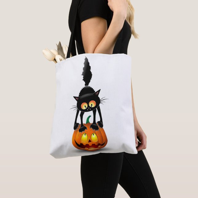 Cat Halloween Scared Cartoon on Pumpkin Tote Bag (Close Up)