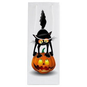 Cat Halloween Scared Cartoon on Pumpkin Wine Gift Bag
