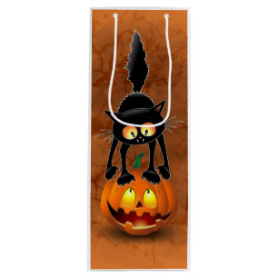 Cat Halloween Scared Cartoon on Pumpkin Wine Gift Bag