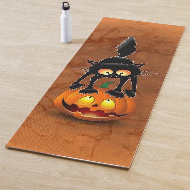 Cat Halloween Scared Cartoon on Pumpkin Yoga Mat (In Situ)
