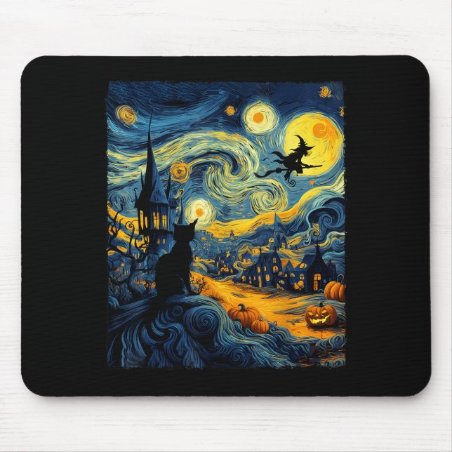 Cat Halloween Van Gogh Starry Night Pumpkin Men Wo Mouse Pad (Front)