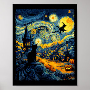Cat Halloween Van Gogh Starry Night Pumpkin Men Wo Poster