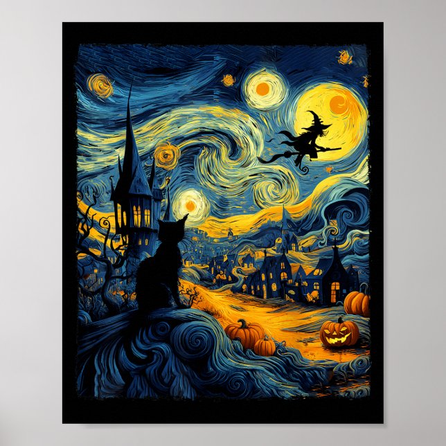 Cat Halloween Van Gogh Starry Night Pumpkin Men Wo Poster (Front)