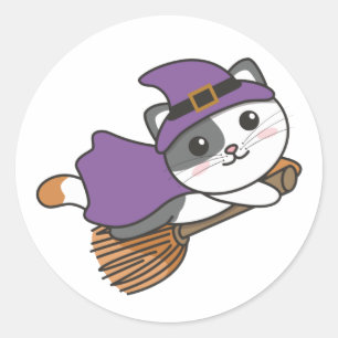 Cat Halloween Witch Kids Witch Costume Classic Rou Round Sticker