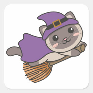 Cat Halloween Witch Kids Witch Costume Square Stic Sticker