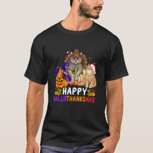 Cat Happy Hallothanksmas Halloween Christmas T-Shirt