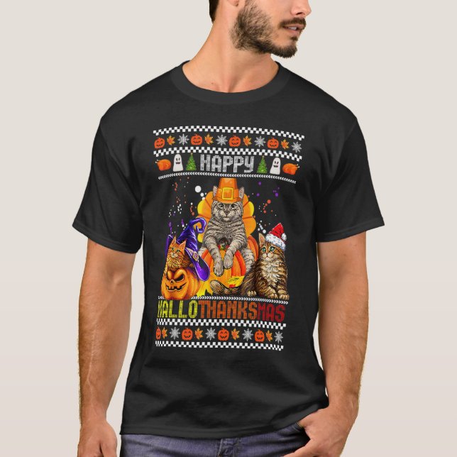 Cat Happy Hallothanksmas Halloween Thanksgiving Ch T-Shirt (Front)