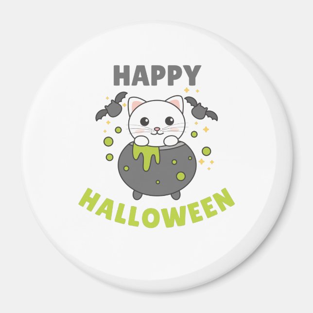 Cat Happy Halloween Cauldron Bat Magnet (Front)