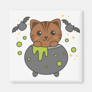 Cat Happy Halloween Cauldron Bat Magnet