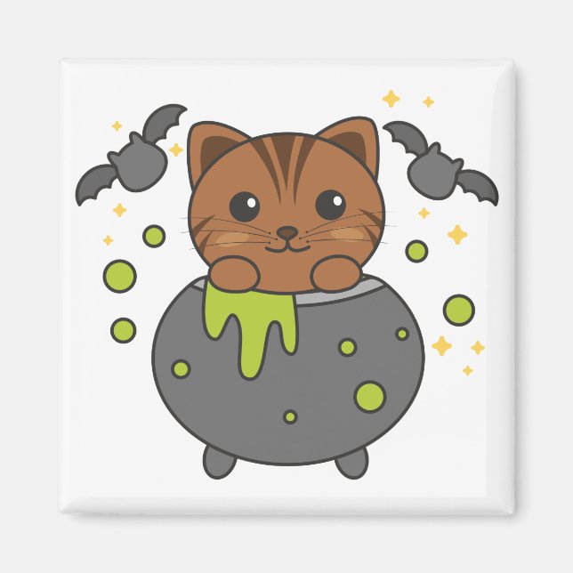 Cat Happy Halloween Cauldron Bat Magnet (Front)