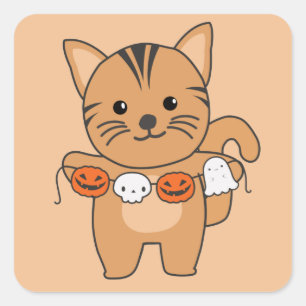 Cat Happy Halloween Pumpkin Bat Costume Square Sti Sticker