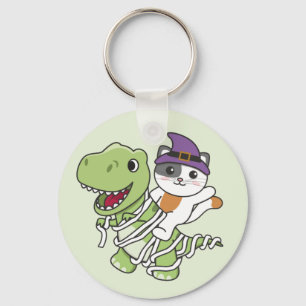 Cat Happy Halloween T-rex Mummy Costume Keychain