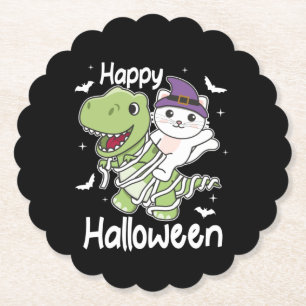 Cat Happy Halloween T-rex Mummy Costume Paper Coaster