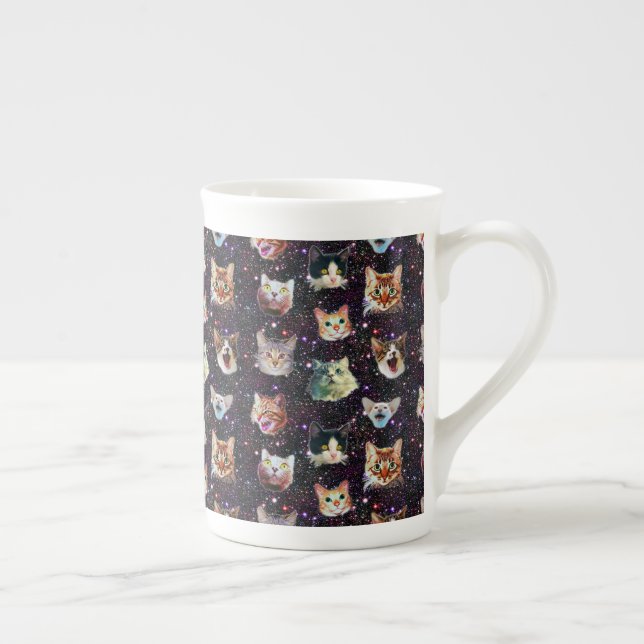 Cat Heads in Outer Space Funny Galaxy Pattern Bone China Mug (Right)