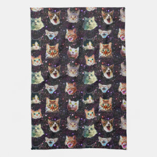 Cat Heads in Outer Space Funny Galaxy Pattern Tea Towel