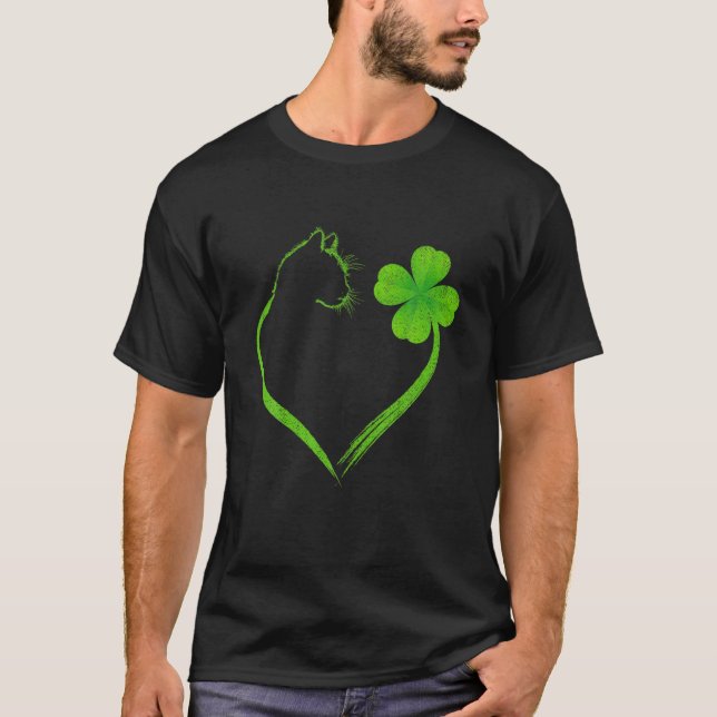 Cat Heart Shamrock St Patrick's Day Irish Clover A T-Shirt (Front)