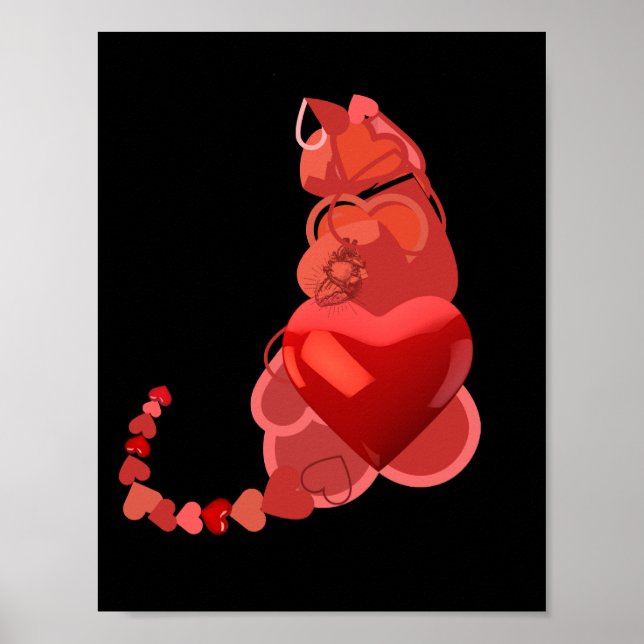 Cat Hearts, Gift Cat Lovers, Red Black Wall Art (Front)