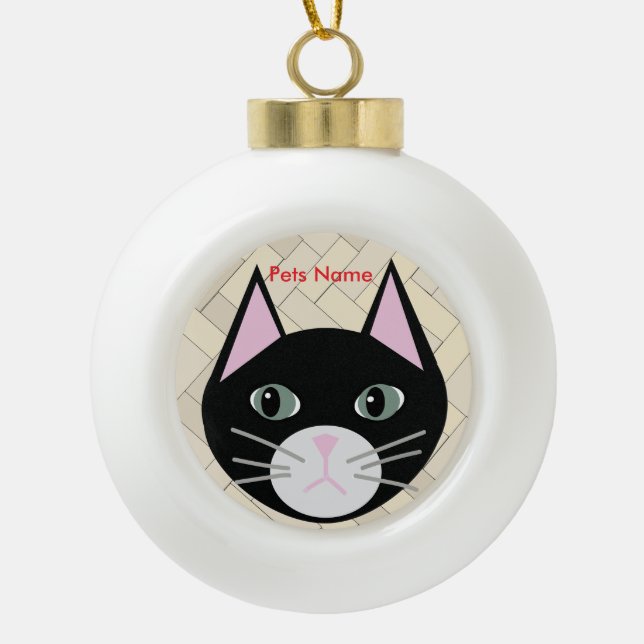 Cat herringbone beige ceramic ball christmas ornament (Front)