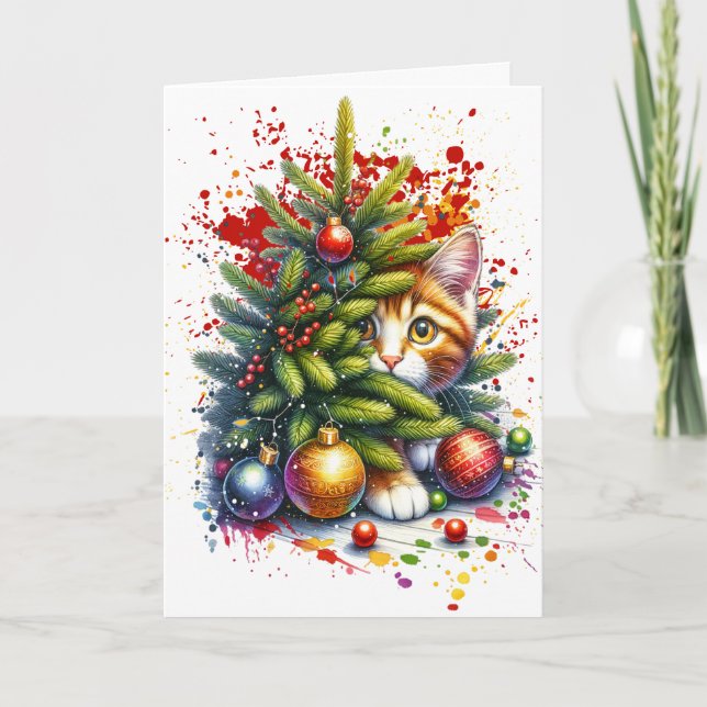 Cat hiding behind Christmas Tree Holiday Card (Front)
