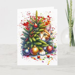 Cat hiding behind Christmas Tree Holiday Card