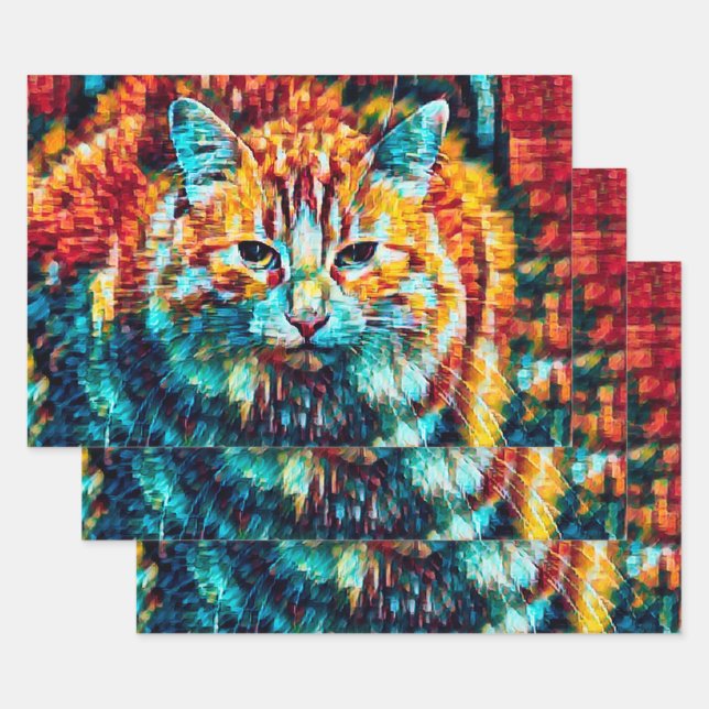 Cat Hippie Colourful Orange Psychedelic Groovy Art Wrapping Paper Sheet (Set)