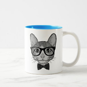 Cat Hipster with Polka Dots Bow Tie Two-Tone Coffee Mug