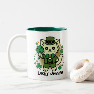 Cat holding a four leaf clover personalised name Two-Tone coffee mug