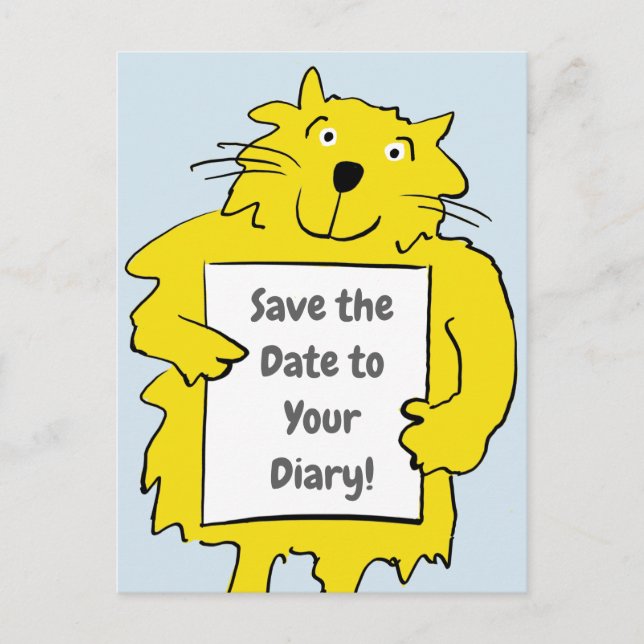 Cat holding board with Save the date to your diary Announcement Postcard (Front)