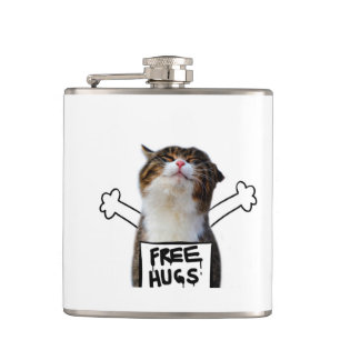 Cat Holding Free Hugs Sign Hip Flask