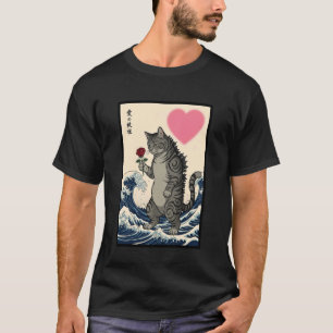 Cat Holding Rose Great Wave Ukiyo-e Valentines Day T-Shirt