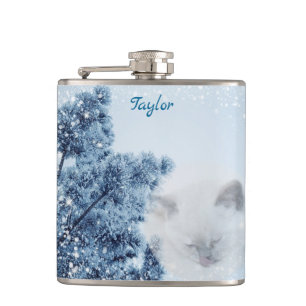 Cat Holiday White Christmas Hip Flask