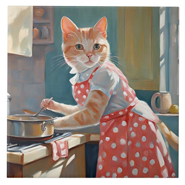 Cat housewife cooking dinner ceramic tile (Front)