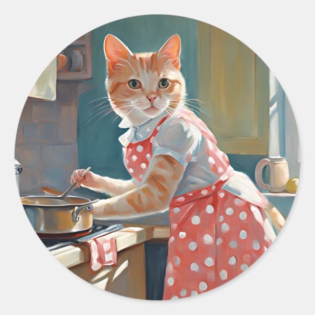 Cat housewife cooking dinner classic round sticker (Front)