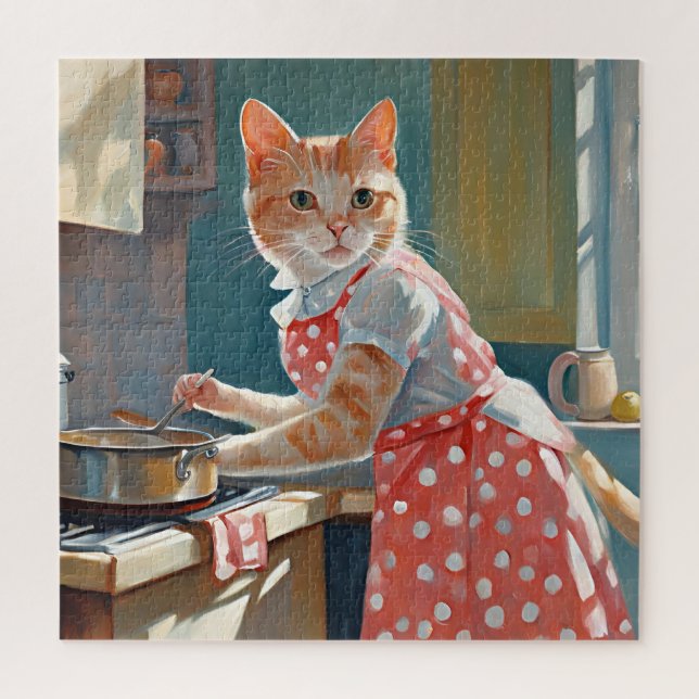Cat housewife cooking dinner jigsaw puzzle (Vertical)