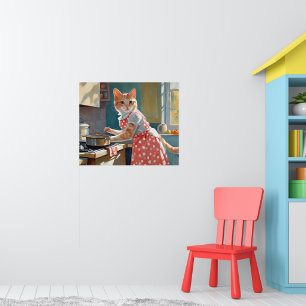 Cat housewife cooking dinner poster