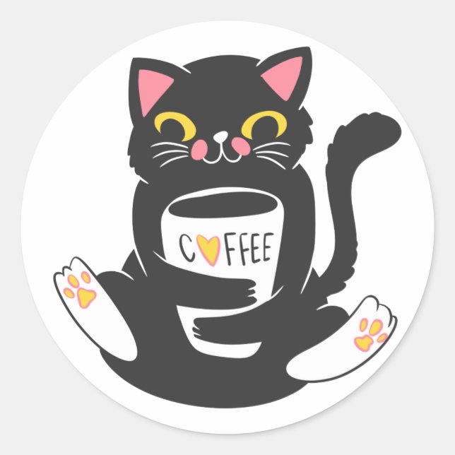 Cat hugging a coffee mug - Choose background colo Classic Round Sticker (Front)