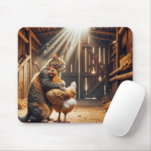 Cat Hugging a Farm Chicken Mouse Pad