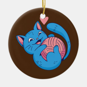 Cat hugs yarn ball Cat lover Knitting Crocheting Ceramic Ornament