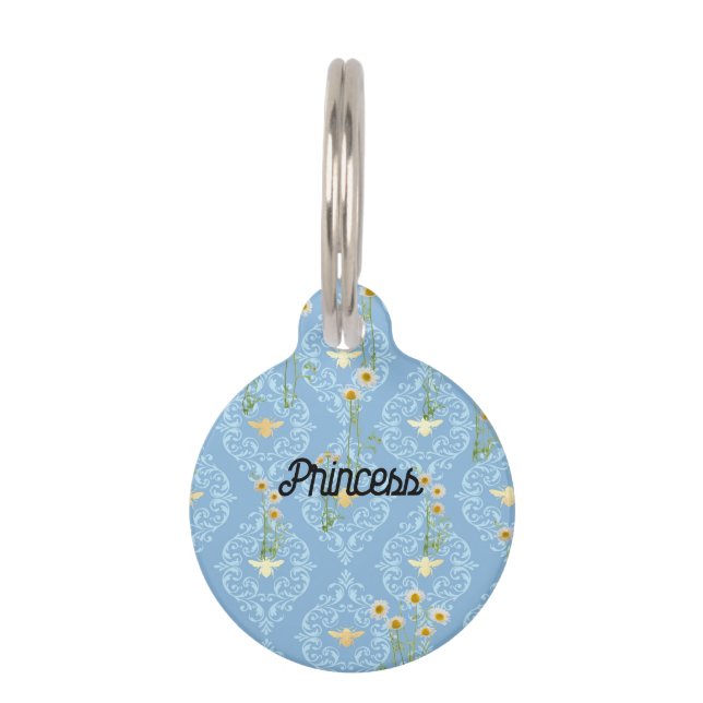 Cat ID Tag in Blue with Gold Bees (Front)