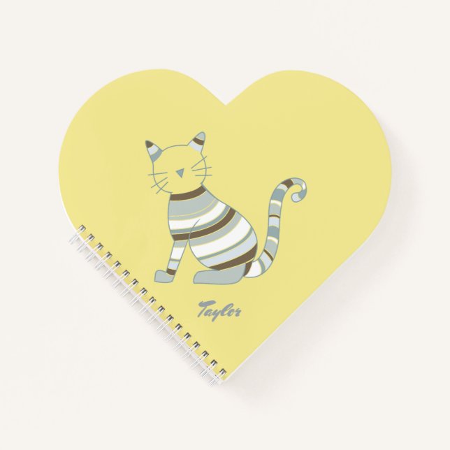 Cat Illustration Blue and Brown Stripes Notebook (Front)