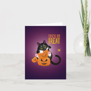 Cat illustration on card "Happy Halloween"