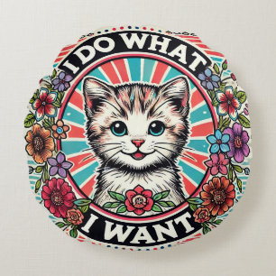 Cat Illustration with Flowers and Positive Slogan Round Cushion
