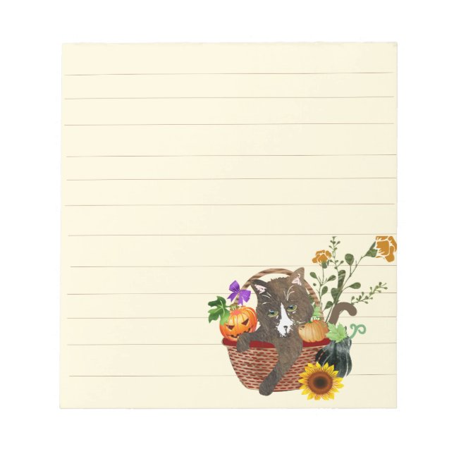Cat in a Basket of Pumpkin and Flowers Notepad (Front)